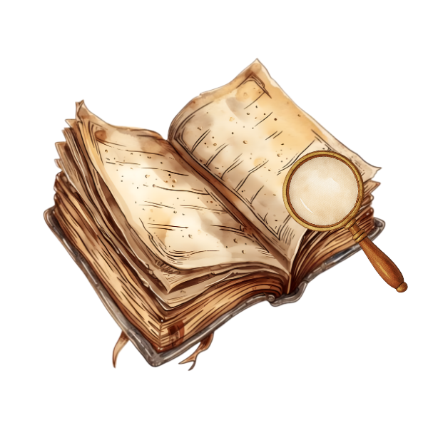 An open historical book with a magnifying glass