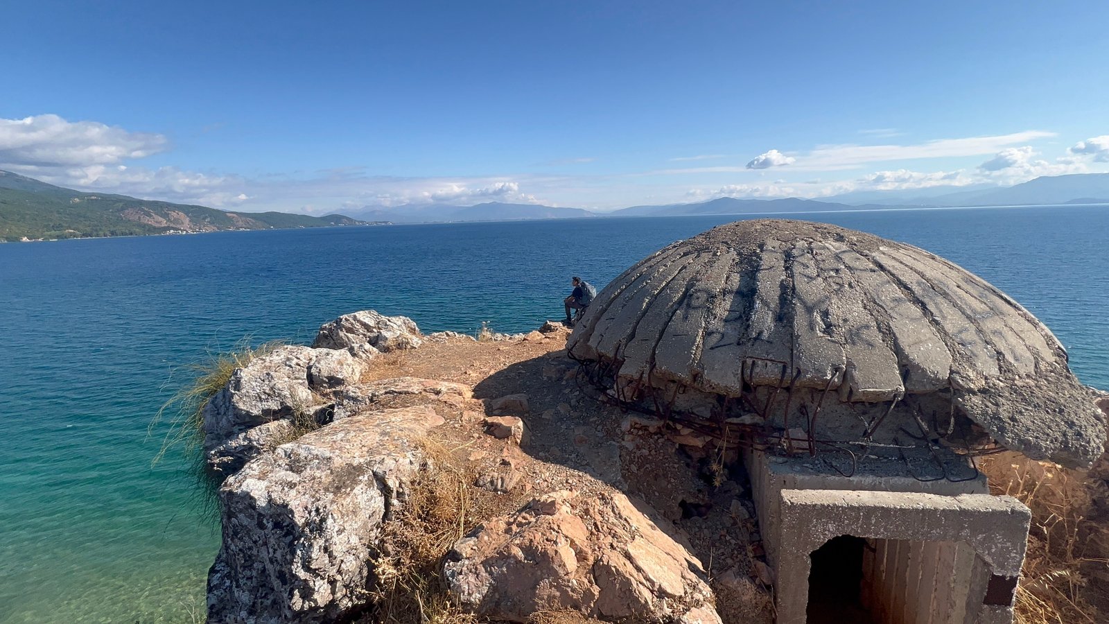 Exterior of the Lin bunker with Lake Ohrid in the background
